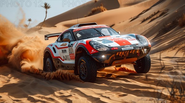 A white rally car competes in a desert, sand flying around as it powers through dunes, ai generated, AI generated
