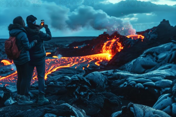 Tourists, onlookers photograph a spectacular volcanic landscape with liquid, partially cooled lava flows with their smartphones, symbolic image for volcano tourism, disaster tourism, travel trends and the associated dangers, AI generated, AI generated, AI generated