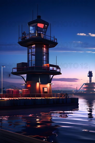 Seaports control tower at sunrise emphasizing its role in overseeing, AI generated