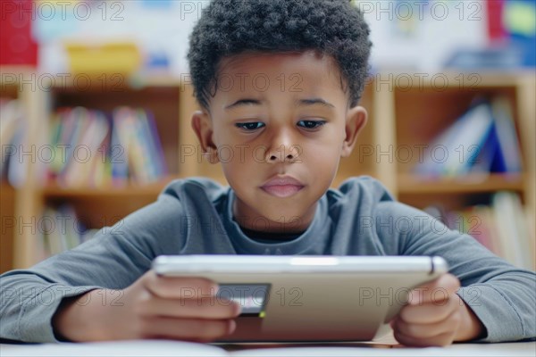 A pre-school boy sits in a classroom and looks intently at a digital tablet, symbol image, digital teaching, learning environment, media skills, eLearning, media education, AI generated, AI generated, AI generated