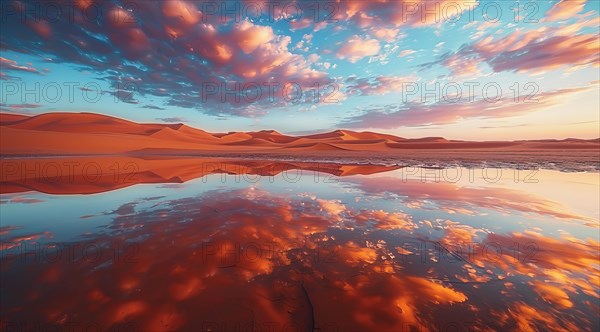 Sunset reflects on water amidst a tranquil desert with vibrant sand dunes and clouds, ai generated, AI generated