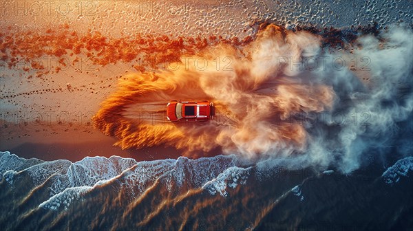 An SUV splashing through sea waves, creating dramatic white foam, action sports photography, AI generated