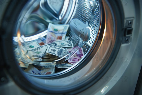 Banknotes lying in a washing machine, symbolic image for money laundering, illegally generated money, AI generated, AI generated, AI generated