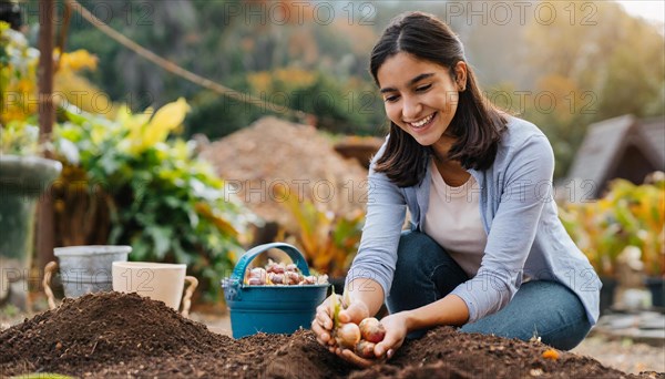 A woman enjoys planting flower bulbs in a garden, AI generated, AI generated