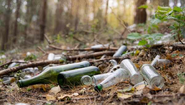 There are some empty glass bottles in the forest, some broken, pollution, AI generated, AI generated