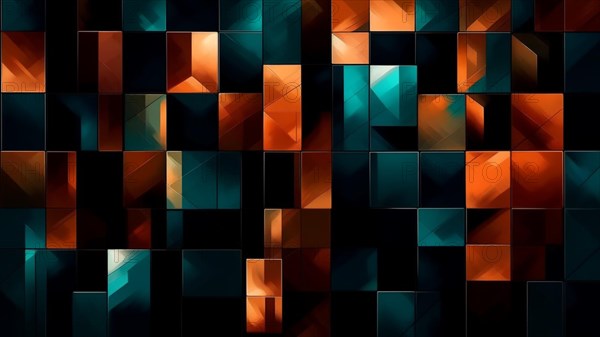 A vibrant grid of glossy geometric blocks creating a three-dimensional effect in orange and teal, AI generated