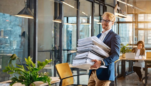 Cheerful businessman carrying a large pile of documents in the office, symbol bureaucracy, AI generated, AI generated