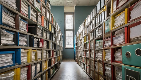Well-organised archive with many files on shelves in an office, symbol bureaucracy, AI generated, AI generated