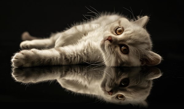 A white kitten is reflected on a shiny surface, looking aside with a curious expression AI generated