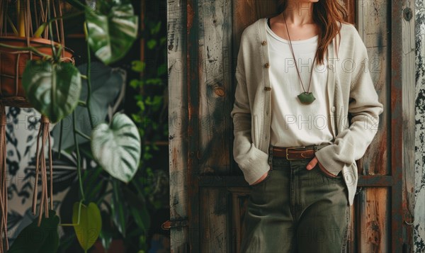 A casually dressed woman stands among indoor plants, exuding a relaxed simplicity in neutral tones AI generated