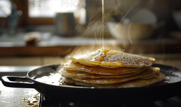 Steaming hot pancakes with powdered sugar in a skillet AI generated