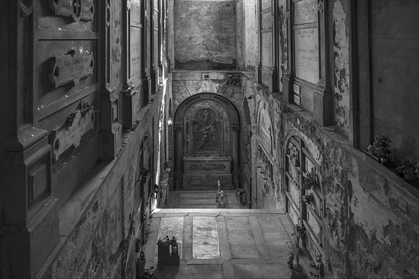 Stairway to the lower burial level, in the Monumental Cemetery, Cimitero monumentale di Staglieno), Genoa, Italy, Europe