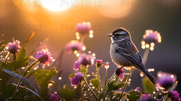 Early spring sunrise illuminating wildflowers and a sparrow, AI generated