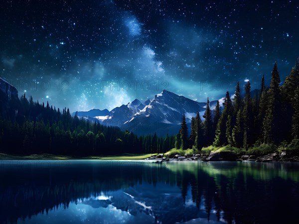 Serene summer lake with dense forests mirroring on placid water under star speckled milky way at night, AI generated