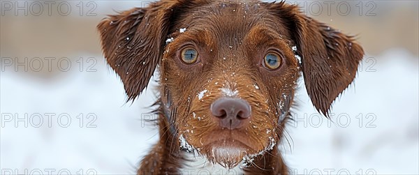 Close-up of an attentive dog with wet fur and snowflakes in winter, AI generated