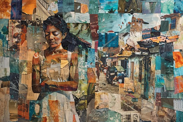 Dynamic mixed media collage of a woman in an urban setting with rich textures and cultural elements, illustration, AI generated