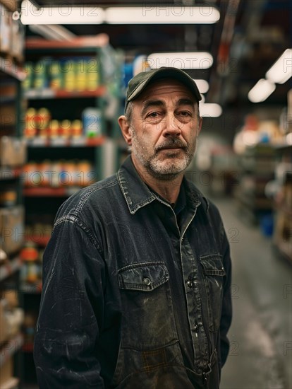 Man in beanie and denim jacket lost in thought at the supermarket, AI generated