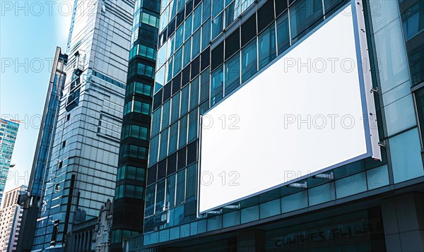 Blank screen banner mockup displayed on the modern building facade. Close Up view AI generated