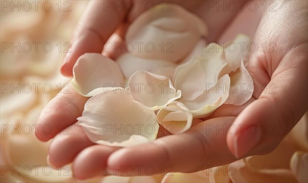 Close-up of a woman's hand with a neutral manicure, adorned with delicate flower petals AI generated