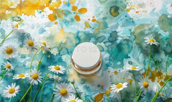 Cosmetic jar blank mockup placed on a serene watercolor chamomile background AI generated