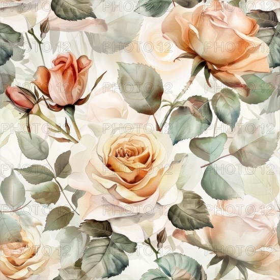 Floral watercolor pattern with delicate roses and foliage AI generated