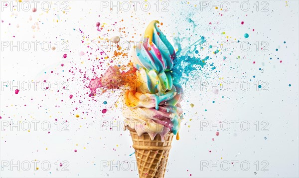 Ice cream cone explosion on white background AI generated