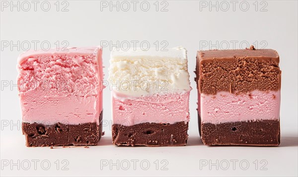 Three-color ice cream slices on white background AI generated