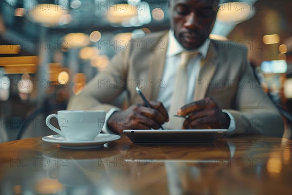 A businessman focused on his work on a tablet in a modern cafe, with a coffee cup on the table, AI generated