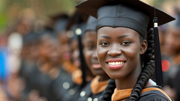 A smiling young woman in academic dress celebrates her graduation, AI generated