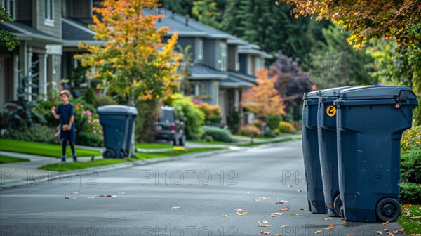Child walking on a suburban street past a row of garbage bins on an overcast autumn day, waste separation, reduction and recycling concept, AI generated