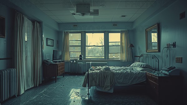 A gloomy and desolate hospital room with an unmade bed and window, creepy mood, AI generated