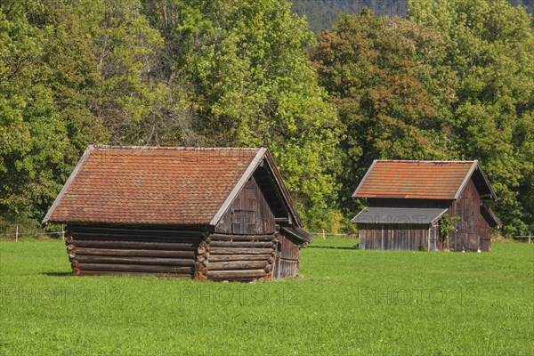 Hay barn with meadow, Garmisch-Partenkirchen, Werdenfelser Land, Upper Bavaria, Bavaria, Germany, Europe