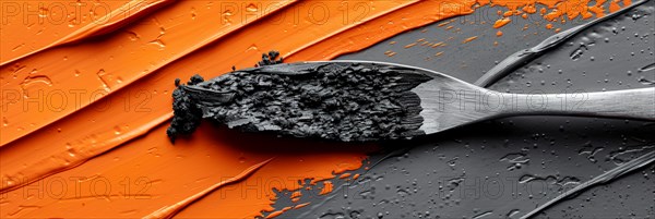 Paintbrush with black paint over an orange and black abstract background, banner 3:1 wide style, horizontal aspect ratio, AI generated