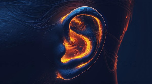 Digital representation of a human ear with glowing orange edges on a blue background, ai generated, AI generated