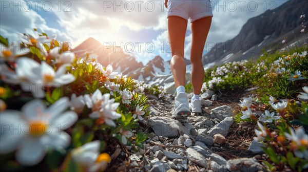 A hiker walking on a trail among white mountain flowers on a sunny day, AI generated