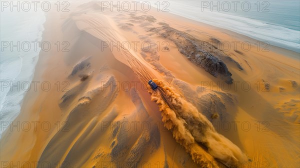 Golden hour lighting up a vehicle trail along the desert dunes, drone aerial shot, follow mode, ai generated, AI generated