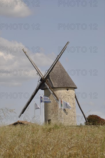 A stone windmill under a blue sky with clouds, surrounded by grass and multiple flags, Moulin du Cluzelet in Jonzac