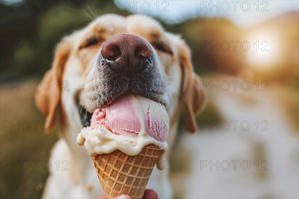 Close up of funny dog bitinng into Ice cream in cone being held by human. KI generiert, generiert, AI generated