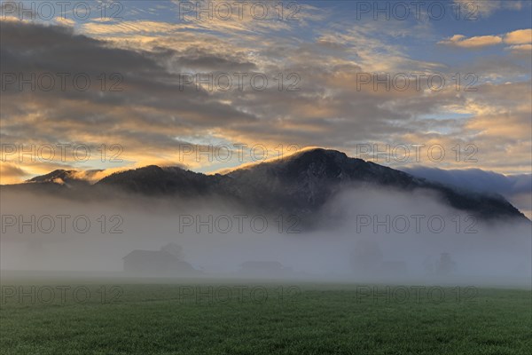 Morning atmosphere with clouds over mountains, fog, spring, Loisach-Lake Kochel-Moor, Bavaria, Germany, Europe