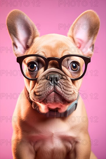 Cute French Bulldog dog with glasses in front of pink studio background. KI generiert, generiert, AI generated