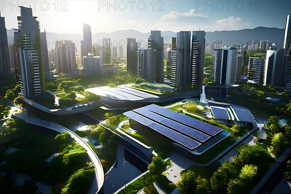 Conceptual futuristic sustainable city replete with green rooftops and integrated solar panels, AI generated