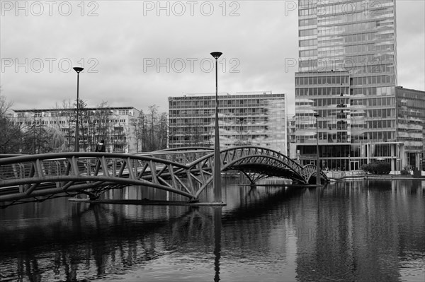 Building and bridge in the Mediapark, black and white, Cologne, Germany, Europe