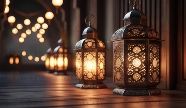 Ornate lanterns emit a warm glow on a wooden floor, creating a tranquil evening atmosphere, ai generated, AI generated