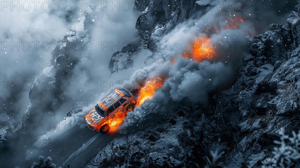 An off-road vehicle on a mountain trail engulfed in flames and smoke, action sports photography, AI generated