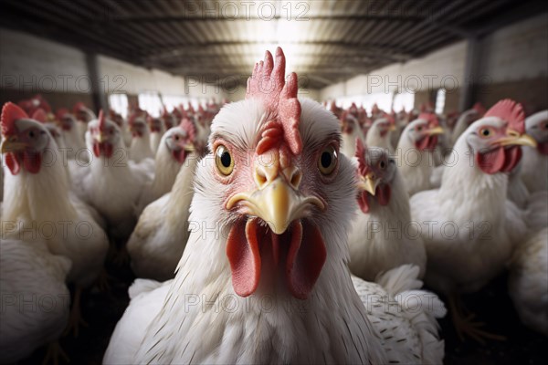 White chicken ins table full of chicken. Intensive animal farming concept. KI generiert, generiert, AI generated