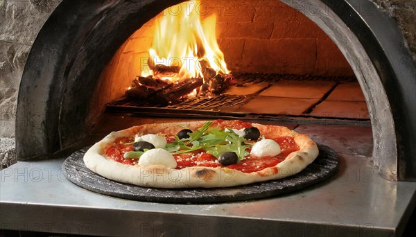 Food, pizza in front of the pizza oven, AI generated, AI generated