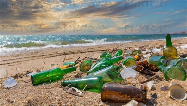 Empty glass bottles lying on the beach, some broken, pollution, AI generated, AI generated