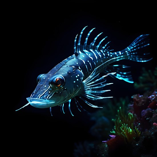 Viperfish swimming in deep ocean depths with bioluminescent spots emanating a ghostly luminescence, AI generated