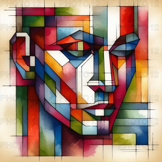 Colorful geometric cubist abstraction of a human face, square aspect, AI generated