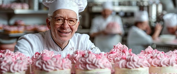 Smiling elderly pastry chef presenting beautifully decorated cupcakes in a kitchen, AI generated